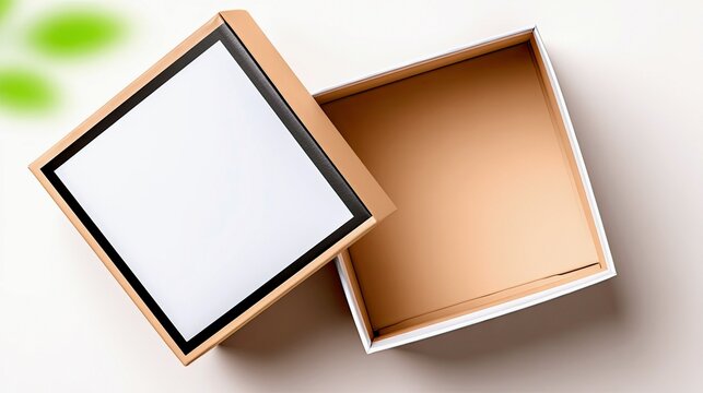 An open square gift box with a white lid and a brown interior sits on a white surface, with blurred green leaves in the upper left corner.