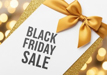 Black Friday Sale text on white card with gold ribbon and bokeh word