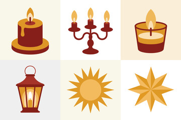 Outline color icons for spiritual guidance, illustrating lanterns, sun, stars, and decorative candles in various holders,