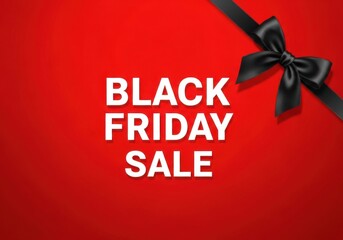 Black Friday Sale text with black ribbon and bow on red background white