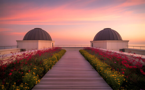 Rooftop garden with domes at sunset, lined with flowers and a wooden walkway. - Powered by Adobe