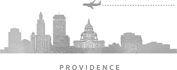 Obraz premium Providence Skyline with Airplane Icon and Dashed Flight Path