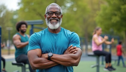 Confident black senior man smiles, arms crossed outdoor. He wears glasses and t-shirt in park. Others do exercise in background. He is healthy. Middle aged man with beard looks happy, sporty.