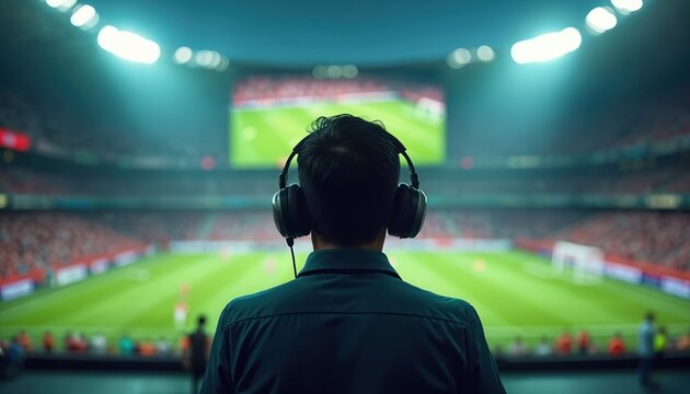 Sport commentator wears headphones watching football match in stadium. Analyst observes game action, provides live commentary, and reports on play. Person in press box during championship game.