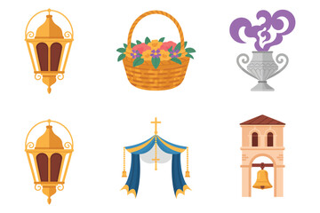 Flat vector icons for sacred architecture, featuring lantern, flower basket, bell tower, censer, and decorative arch elements,