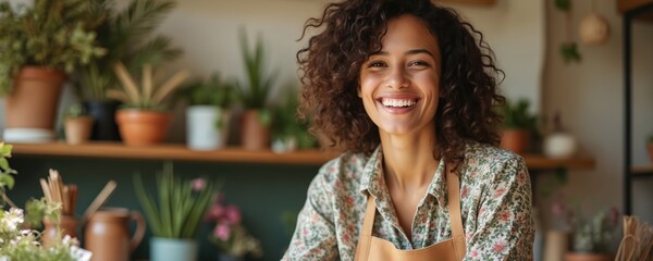 Woman with curly hair smiling in pottery workshop. Wears floral shirt, apron. Various plants, pottery tools on shelves behind. Female artist sits in studio with handmade ceramics, potted plants