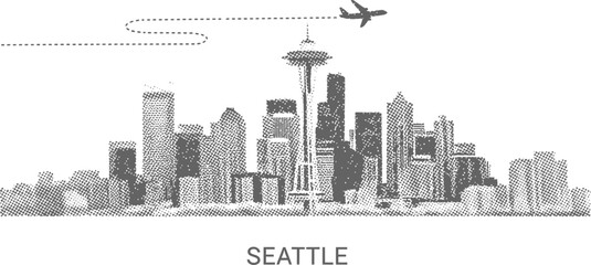 Fototapeta premium Seattle Skyline with Airplane and Dotted Flight Path