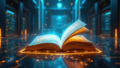 Open ancient book with golden pages in futuristic digital room. Book floats in air, surrounded by blue and orange lights, circuitry. Illuminated text and intricate designs on pages glow.
