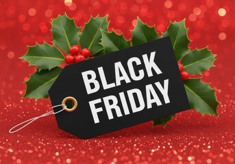 Black Friday tag with holly and red glitter background label sale