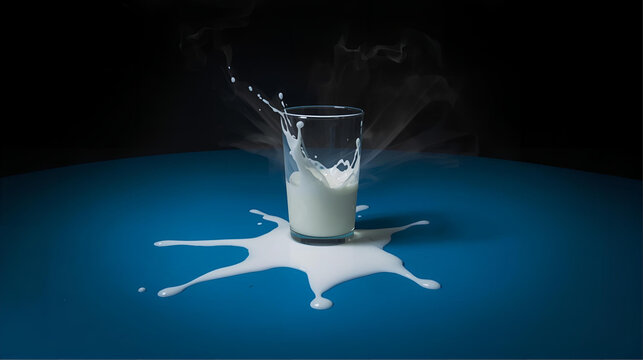 Capturing the dynamic splash of milk cascading from a clear glass onto a vibrant blue surface, with wisps of smoke creating an ethereal atmosphere