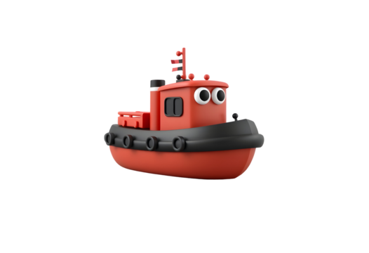 Cute 3D Cartoon Red Tugboat with Big Eyes