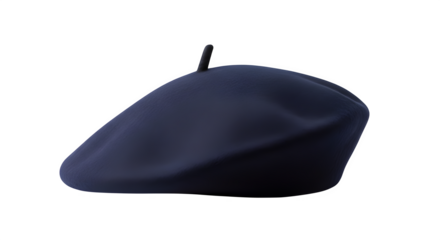Dark navy blue beret hat isolated on a solid black background studio shot