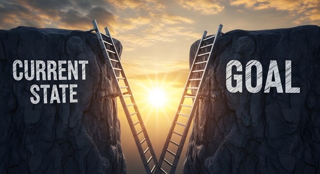 Two ladders reaching across a chasm from current state to goal at sunset - Powered by Adobe
