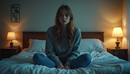 Obraz premium Young woman sits on bed at home. She looks at camera with sorrow. Bedroom lights create moody atmosphere. Girl suffers insomnia or mental health issues. Night concept