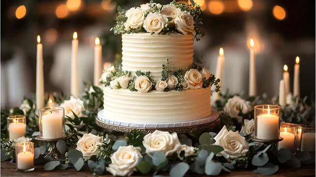 Beautiful wedding cake decorated with white roses and candles in a romantic setting Generative AI - Powered by Adobe