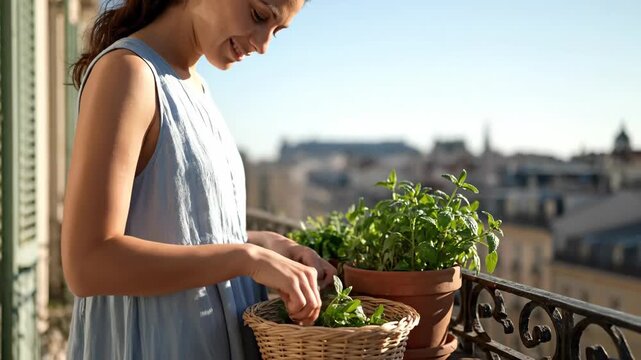 Woman picking fresh mint herbs on a sunny city balcony. Person gardening and harvesting homegrown plants in an urban apartment. Healthy lifestyle concept