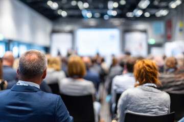 Corporate training conference blurred with people sitting in rows for backdrop