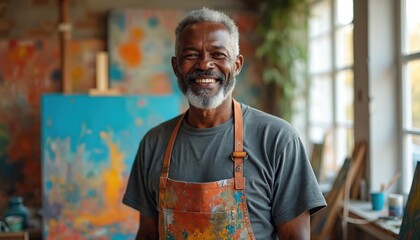 Joyful mature african artist portrait in art studio. Smiling afro man with gray beard poses near artwork. Painter in apron enjoys creative hobby, talent, brushwork in workshop. Art therapy for
