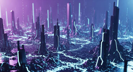 Futuristic landscape with glowing structures and flowing water, creating a vibrant digital atmosphere