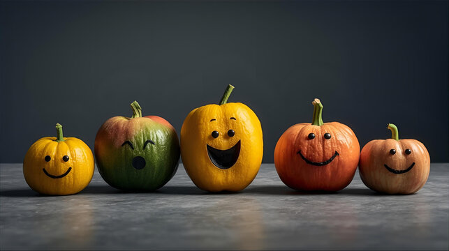 Five Happy Pumpkins with Smiley Faces Lined Up on a Surface Against a Dark Background - Powered by Adobe