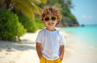 Young boy with curly hair wears blank white t-shirt and yellow shorts. He stands on a sandy beach near blue ocean water. Casual summer vacation vibe. Copy space for text.
