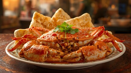 A delectable steamed crab served with crispy crackers and fresh herbs on a decorative white plate.