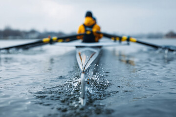 Rowing team paddling in synchronization on calm water