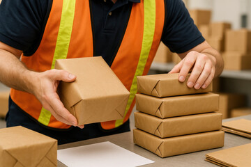 Efficient warehouse logistics are essential for ecommerce success, ensuring timely shipping and organized handling of packages. This captures worker preparing parcels for delivery