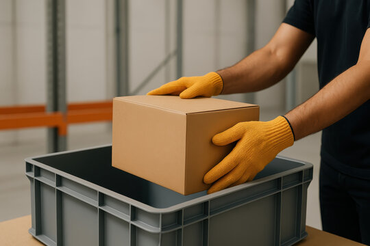 Efficient logistics in warehouse setting is crucial for ecommerce success, as shipping processes rely on careful handling of packages. This captures worker placing box into container
