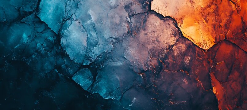 Abstract ice texture background with blue and orange lighting creating a dramatic and contrasting effect empty template ideal for personalized use