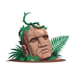 Ancient carved Olmec-style stone head statue, cracked and overgrown with jungle vines and ferns, on a white background.