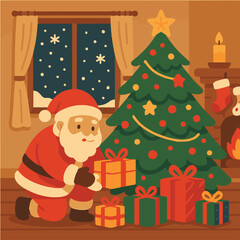 Santa Claus Placing Gifts Under Christmas Tree in Living Room

