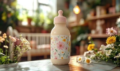 Floral decorated baby bottle filled with milk in a cozy nursery