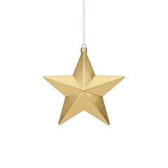 Fototapeta premium Golden Star Ornament Hanging on White String Isolated on Transparent Background with Subtle Sparkle Detail and Studio Lighting