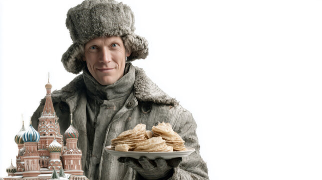 Russian man wearing ushanka and winter coat holding a plate of blini and smiling, symbolizing Russian warmth, hospitality, and culinary culture concept, copy space