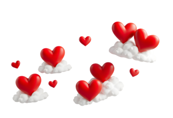 Floating Red Hearts and Clouds on Transparent Background
