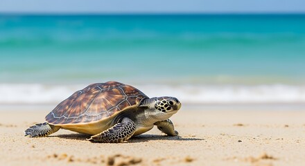 Fototapeta premium Sea Turtle Crawling on Sandy Beach with Turquoise Ocean Waves in Background.
