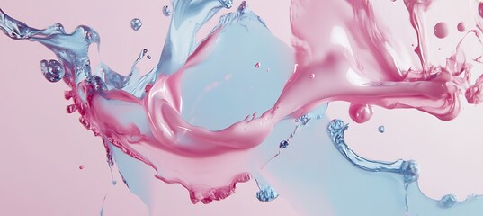 Elegant splash of pink and blue liquid against a soft pink backdrop, creating a dynamic and fluid abstract design empty template ideal for personalized use