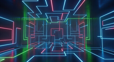 Futuristic neon-lit corridor with intricate geometric patterns and reflections, creating a vibrant atmosphere