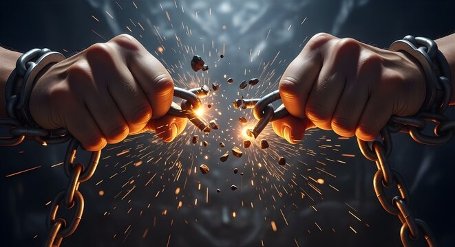 Breaking Free Powerful Hands Cracking Chains with Energetic Sparks Symbolizing Liberation and Strength for Motivational Projects and Empowerment Campaigns