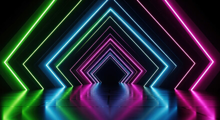 Futuristic neon-lit corridor with vibrant colors reflecting on a glossy floor, creating a dynamic atmosphere