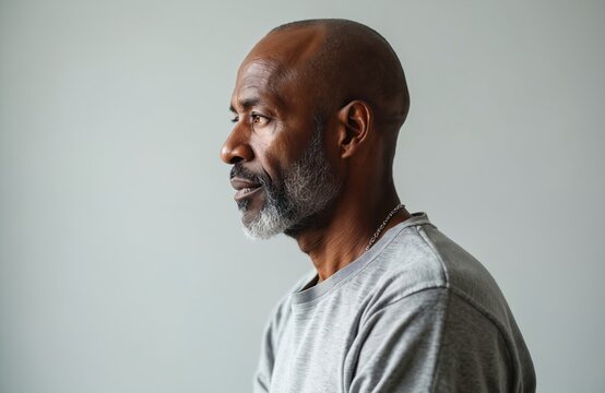 Side profile view of senior african american man. Adult mature male poses in studio. He has grey beard and bald head. He wears casual shirt. Concept of aging well lifestyle.