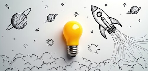 Yellow light bulb as a creative idea powers a rocket launch. The drawn spaceship flies into space with planets and stars. A flat lay concept for business startup innovation success and imagination.