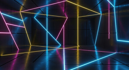 Futuristic neon-lit room with geometric shapes and reflections, creating a vibrant, immersive atmosphere