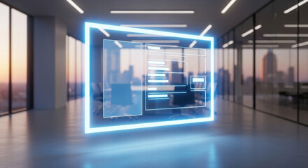 Futuristic office interior showcasing a holographic interface with city skyline at sunset
