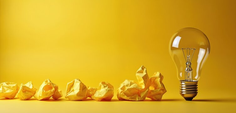 Crumpled yellow paper balls lead to illuminated glass light bulb on yellow background, symbolizing idea generation and creative problem solving in business.