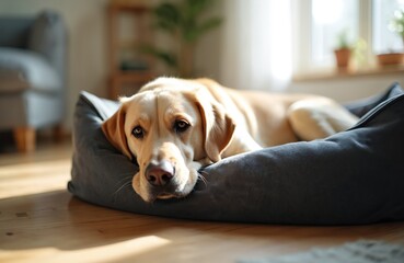 Elderly labrador rests in soft bed at home. Calm pet lies on floor looking at camera. Peaceful canine companion relaxing, enjoying quiet time indoors. Senior dog cozy moment.