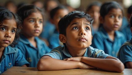 Children in blue shirts at school desks. Young boys and girls listen intently in a classroom setting. Hopeful gazes look upward towards future opportunities.