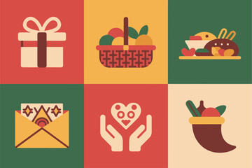 Flat vector icons for giving, featuring presents, envelope, fruit basket, stocking, and decorative heart symbol,