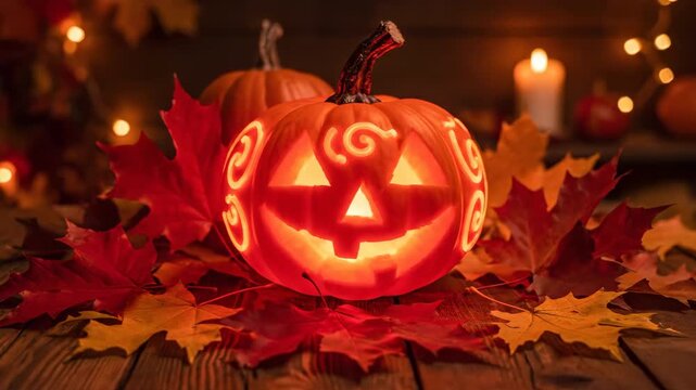 Glowing Jack-o'-Lantern Amidst Autumn Leaves with Flickering Candlelight on Rustic Wooden Table Capturing Warm Halloween Ambiance at Night: pumpkin, glow, orange, festive, spooky, fall decor